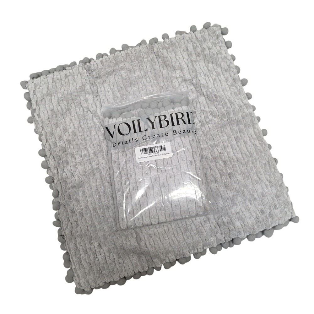 Voilybird 18x18 Corduroy Pillow Cover Cases Light Grey Pom Pom Trim Pack of 4
